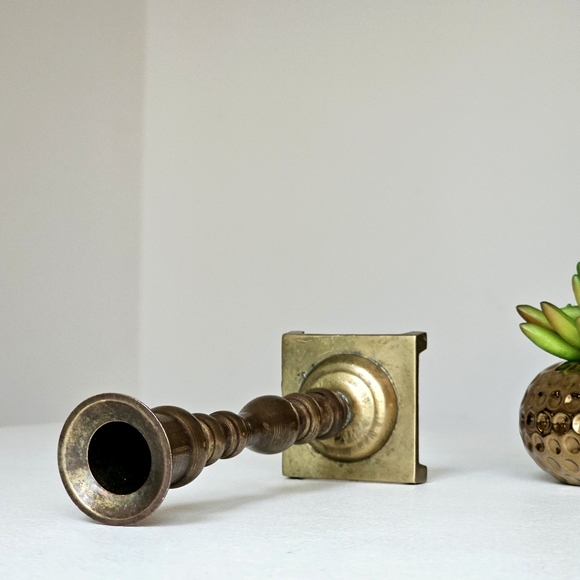 Vintage 7" Handcrafted Solid Brass Candlestick Holder Patina Square Bass - Picture 3 of 10